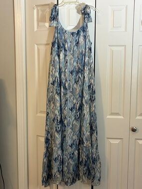 ADRIENNE Women’s Sleeveless Multi Blue Toned Maxi Dress- Size Large
